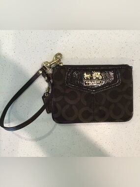 Coach Brown Signature 'C' Canvas Wristlet with Gold Accent